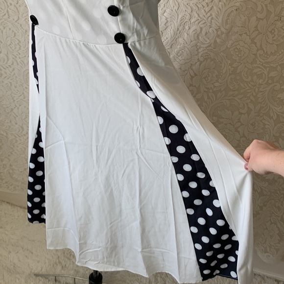 Retro Pin Up Polka Dot Dress White Navy Blue - Picture 4 of 10